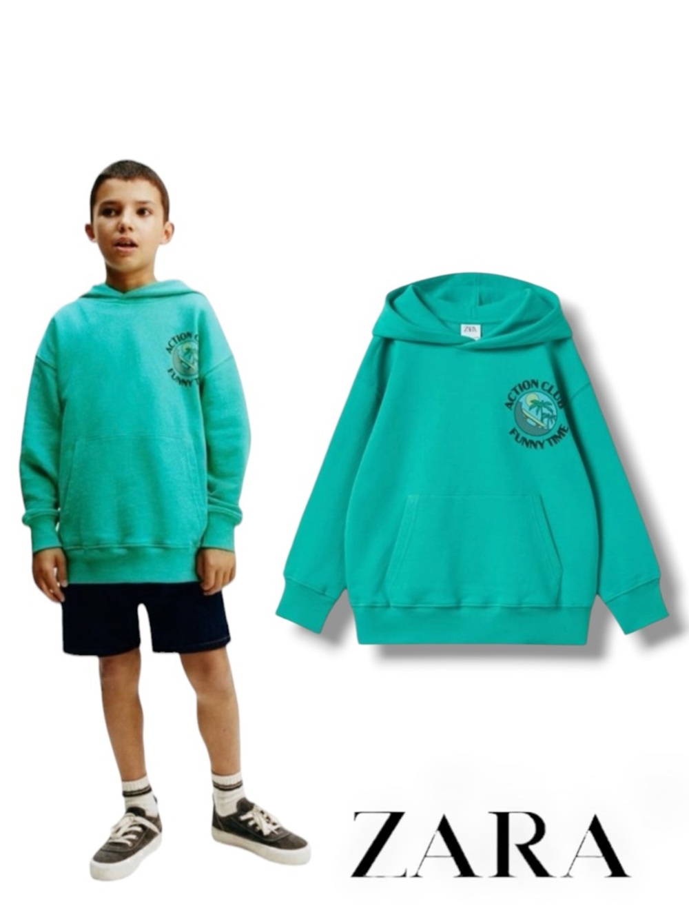 ZARA Kids Green Skate Hoodie Sweatshirt NWT Size 13/14